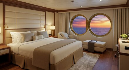 Luxurious ocean-view stateroom with king bed, seating, and sunset vista