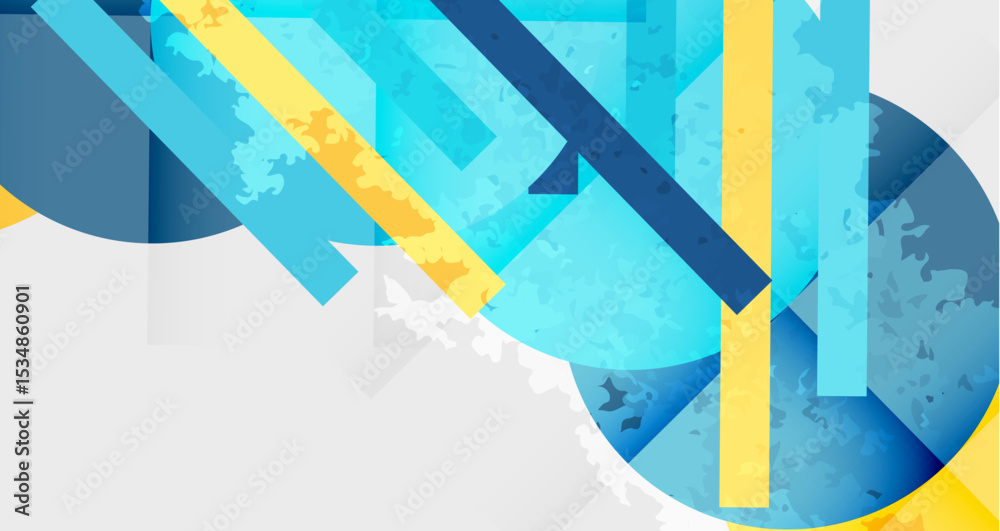 Poster abstract geometric design. blue, yellow hues dominate composition. layered shapes create dynamic vis
