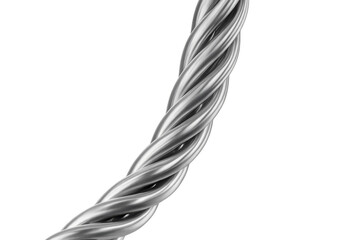 Gleaming metallic cables spiraling, twisting together, forming intricate technological network pattern on clear backdrop