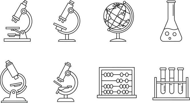 Science education equipment vector illustration microscope globe flask test tubes abacus outline 100 editable stock vector illustration