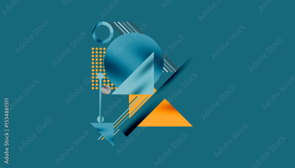 Poster Abstract geometric composition. Shapes overlap, creating dynamic visual interest. Blue, orange hues dominate design. Minimalist style.