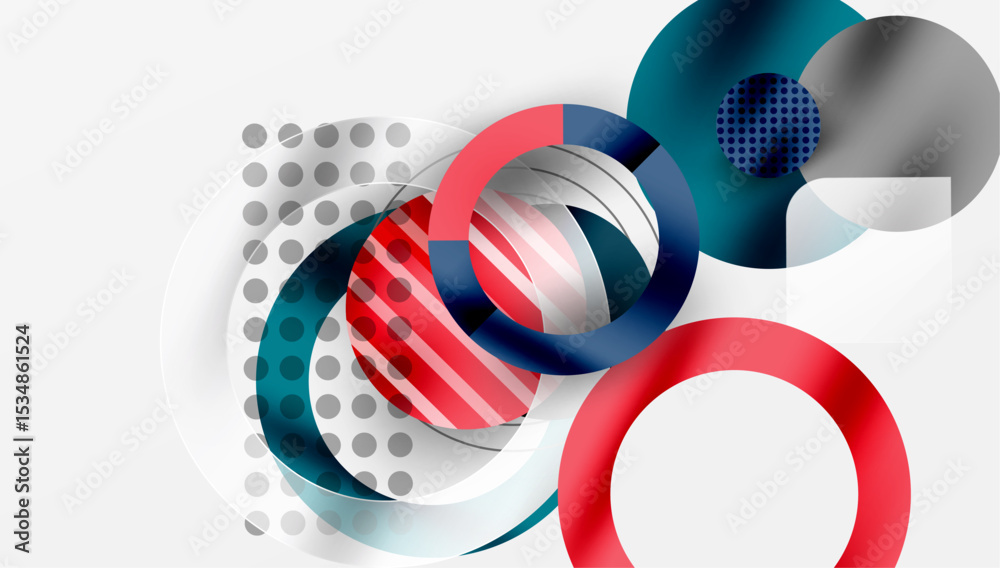 Poster Abstract design features overlapping circles, stripes, dots. Modern composition utilizes red, gray, teal hues. Minimalist aesthetic.