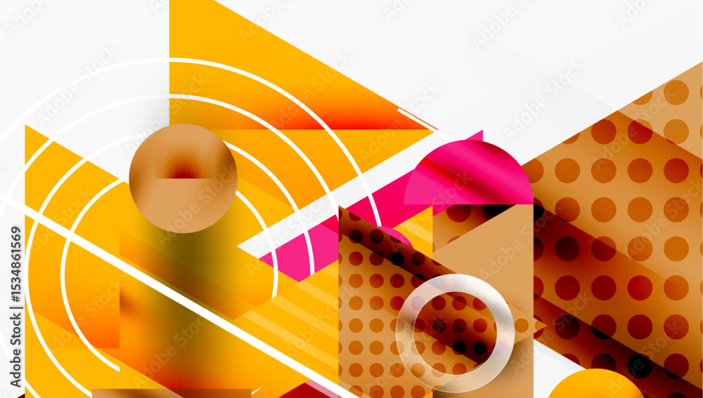Poster Abstract geometric composition. Orange, brown, pink shapes overlap. Circles, lines create dynamic visual effect. Modern design elements present.