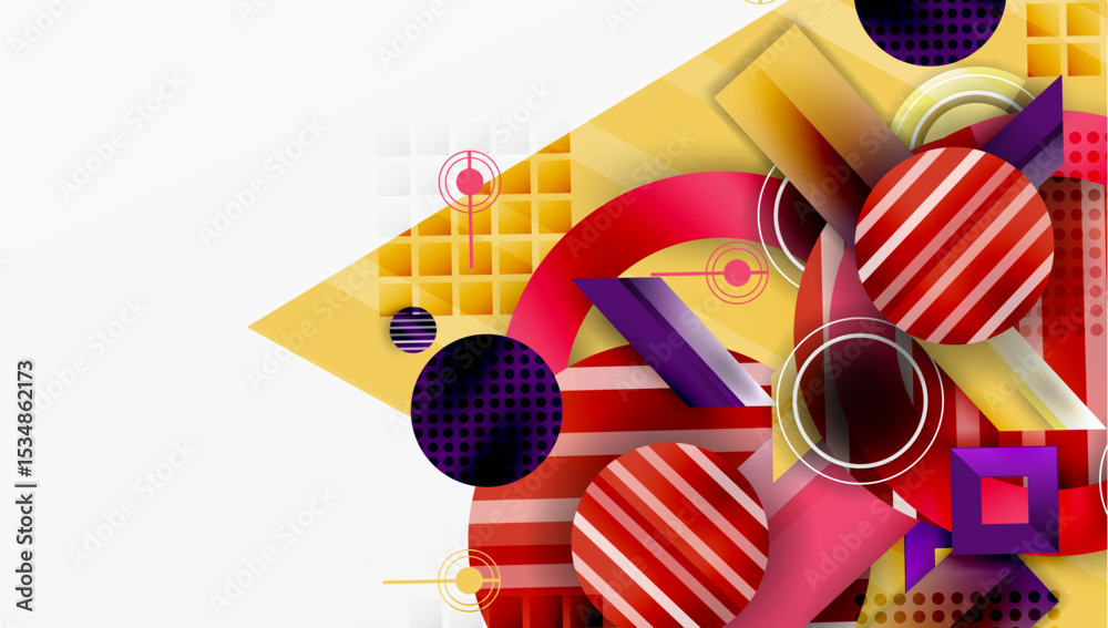 Aufkleber abstract geometric composition. circles, squares, stripes create dynamic visual effect. yellow, red,