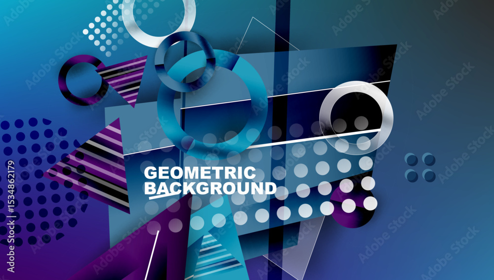Poster Abstract geometric background. Blue, purple hues dominate composition. Shapes overlap creating dynamic visual effect. Modern design.
