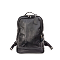 Naklejka premium Black leather backpack isolated on white background, perfect for leather product catalog design