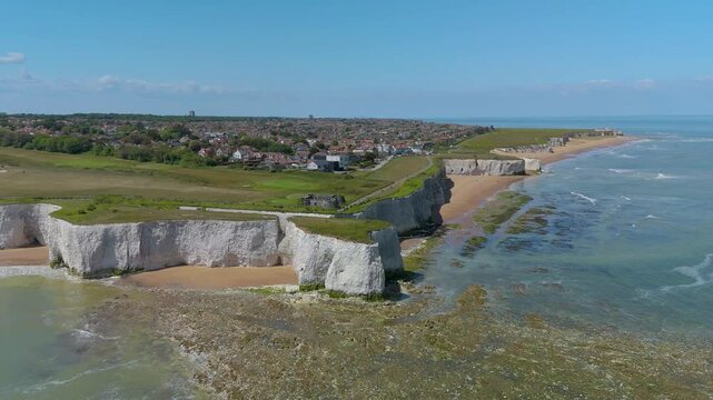 Drone aerial footage of the beach and white cliffs on Botany Bay, Margate, England, UK.