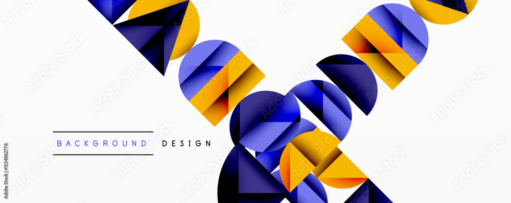Poster Abstract geometric shapes overlap, creating dynamic visual effect. Blue, yellow hues dominate white background. Modern design element.