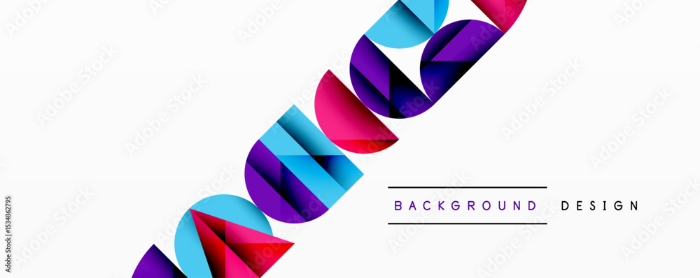 Poster Abstract colorful shapes form dynamic diagonal pattern. Minimalist design with text elements, clean white background. Modern aesthetic.