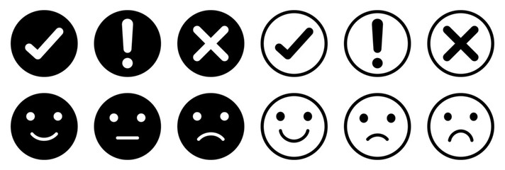 Black and white emoji icons with check, exclamation, and cross symbols. Vector illustration. Includes happy, neutral, and sad face expressions in solid and outline circle styles.