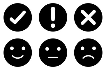 Solid black emoji icons with check, exclamation, and cross signs. Flat black emoji icon set featuring checkmark, exclamation, and cross symbols with happy, neutral, and sad face expressions.