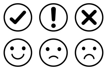 Outlined emoji icons with check, exclamation, and cross symbols. Includes happy, sad, and neutral expressions in thin circular stroke design. Vector illustration on white background.