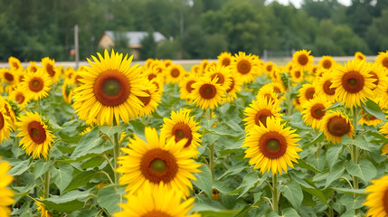 Obraz premium Field of sunflowers. sunflowers on farm. Copy space for your text