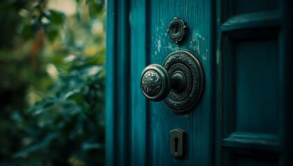 Close-up photo of an antique door handle on the exterior wall of a vintage house, featuring a bluish color scheme, with a green garden lightly blurred in the background,
