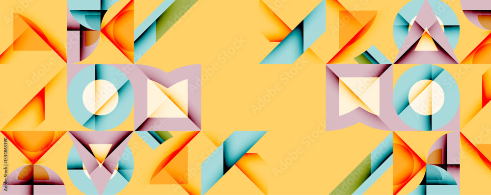 Poster Abstract geometric pattern. Shapes overlap, creating vibrant visual texture. Warm yellow background dominates composition.