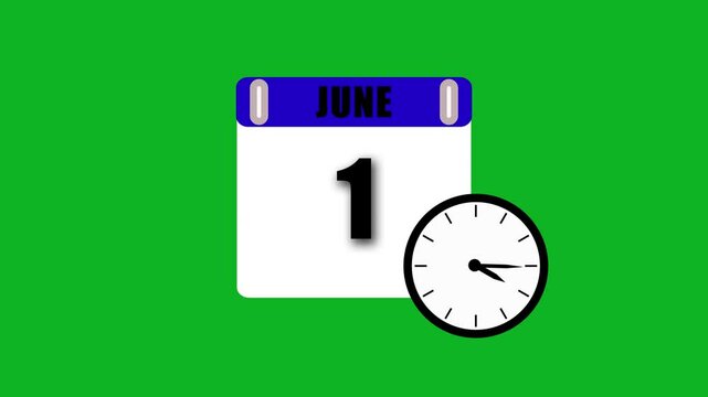 June 1st date concept with clock showing time on a vibrant green background