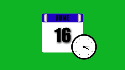 Calendar showing june sixteenth with a clock displaying exact time on green background
