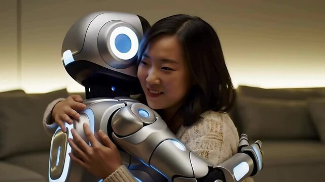 Smiling asian woman embraces futuristic robot companion demonstrating human machine interaction