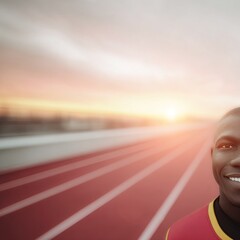 Man smiles on running track at sunset