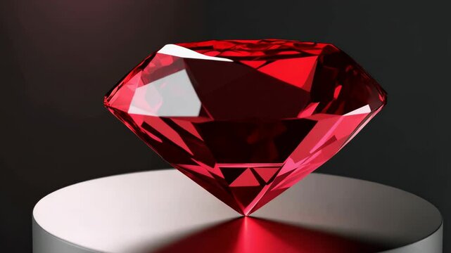 Gleaming red ruby gemstone, multifaceted, resting on a silver pedestal against a dark backdrop with subtle reflections and bright highlights.