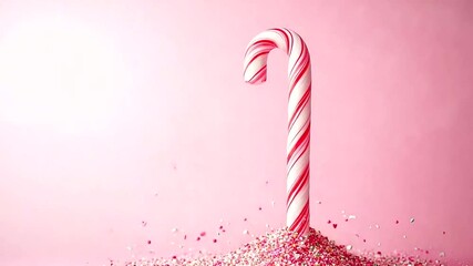 Candy cane with confetti on pink background - Powered by Adobe