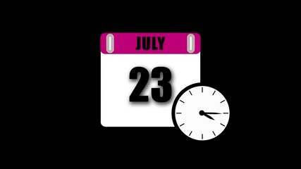 Animated illustration featuring july 23rd calendar and analog clock against black background