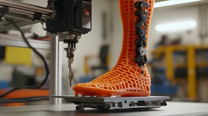 3d printed prosthetic leg being manufactured by a robotic arm.