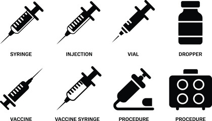 Fototapeta premium Collection of vector illustrations featuring medical syringes vaccine procedures and associated equipment