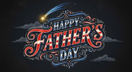 Happy Father's Day Typography Design - Red and Blue Swirl Text with Star, Perfect for Greeting Cards, Posters, and Social Media