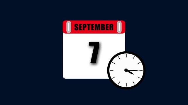 Animated calendar with september 7th date and clock in minimalist style