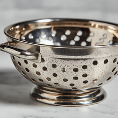 Close-up of stainless steel colander with fine perforations on clean white background, modern and practical kitchen tool for rinsing and draining food showcase