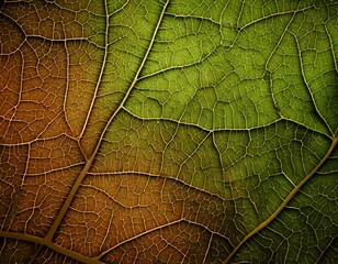 Fototapeta premium Stunning Close-Up of a Leaf's Intricate Vein Structure: A Captivating Display of Nature's Design, Showcasing Rich Green and Brown Hues, Perfect for Backgrounds, Textures, and Nature-Themed Designs.