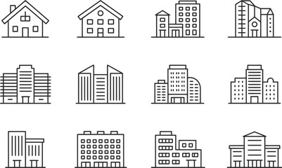 Obraz premium Simple black line art illustration of various architectural buildings and structures