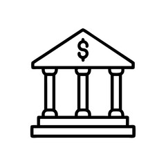 Classic Bank Building Line Icon – Minimalist Black Outline of Financial Institution with Columns for Banking and Finance Apps or Web Design