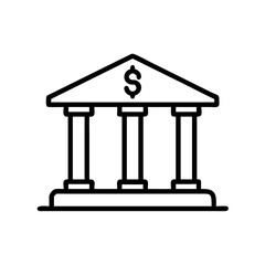 Classic Bank Building Line Icon – Minimalist Black Outline of Financial Institution with Columns for Banking and Finance Apps or Web Design