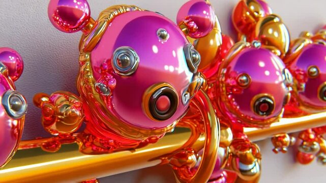 Close-up view of vibrant, abstract metallic orbs on a golden rod, showcasing intricate reflections