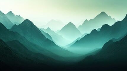 Obraz premium A panoramic view of an empty mountain valley cloaked in morning mist, layers of peaks fading into the distance