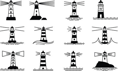 Obraz premium Collection of lighthouse icons in various styles showcasing black and white maritime themes