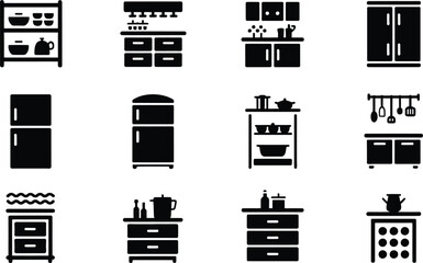 Set of kitchen appliances and utensils black icon graphic illustration design elements