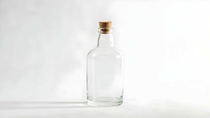 Empty Clear Glass Bottle with a Cork Stopper resting on a White Surface