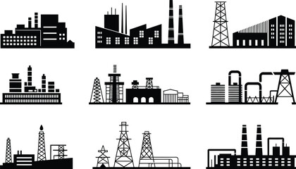 Obraz premium Collection of industrial buildings and infrastructure silhouetted in black and white on a plain background
