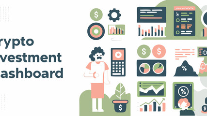Naklejka premium Illustration of crypto investment dashboard with charts, graphs, and a person standing near a plant pot
