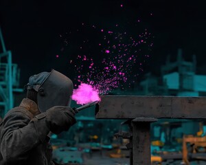 Industrial welder at work, sparks fly