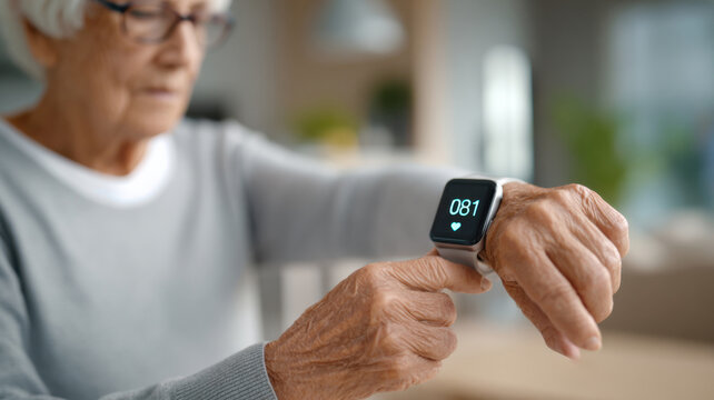 An elderly woman examining a smartwatch, monitoring her health metrics. A glimpse into the realm of senior technology and wellness