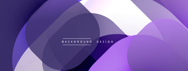 Abstract purple design features overlapping shapes. Smooth gradients create dynamic visual effect. Modern, elegant background texture.