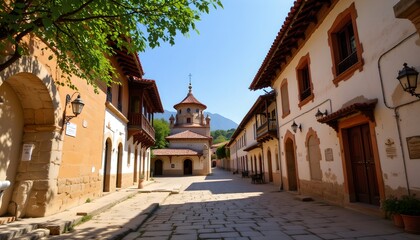 Fototapeta premium Exploring historic architecture in a serene village spain – captivating streetscapes bright sunlight and vibrant culture