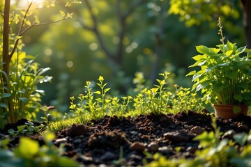 Plant growth and nurturing in a lush garden nature photography sunlit environment close-up perspective sustainable gardening concept