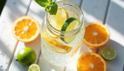 Fototapeta premium Refreshing Summer Drink with Citrus Fruits in a Glass Jar
