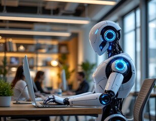 Innovative robot assisting employees in modern office environment technology and business integration futuristic workspace engaging workspace view