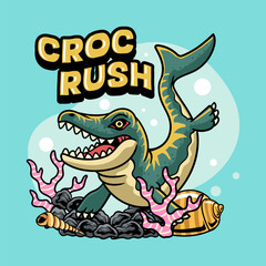 Cute Dakosaurus Dinosaur Aquatic Character Mascot in Cartoon Illustration